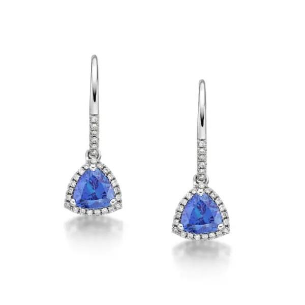 Wedding Jewelry, Long earring blue Tanzanite Color Stone 925 Silver Rhodium Plated