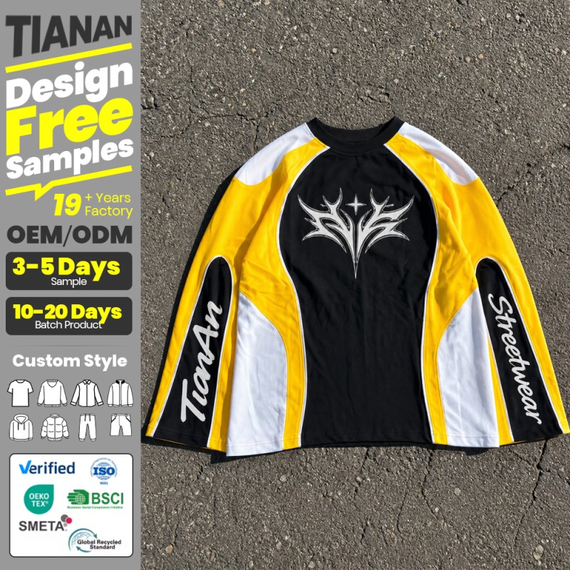 Tianan Streetwear Supplier Custom Men's Long Sleeve T Shirts Color Block Embroidery Printed Logo Loose Fit Casual T-Shirts