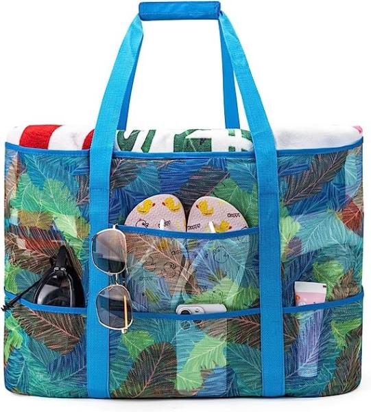 Mesh Beach Bag, Extra Large Beach Bags with 9 Pockets & Zipper Waterproof Lightweight Beach Tote for Beach/Pool Trip
