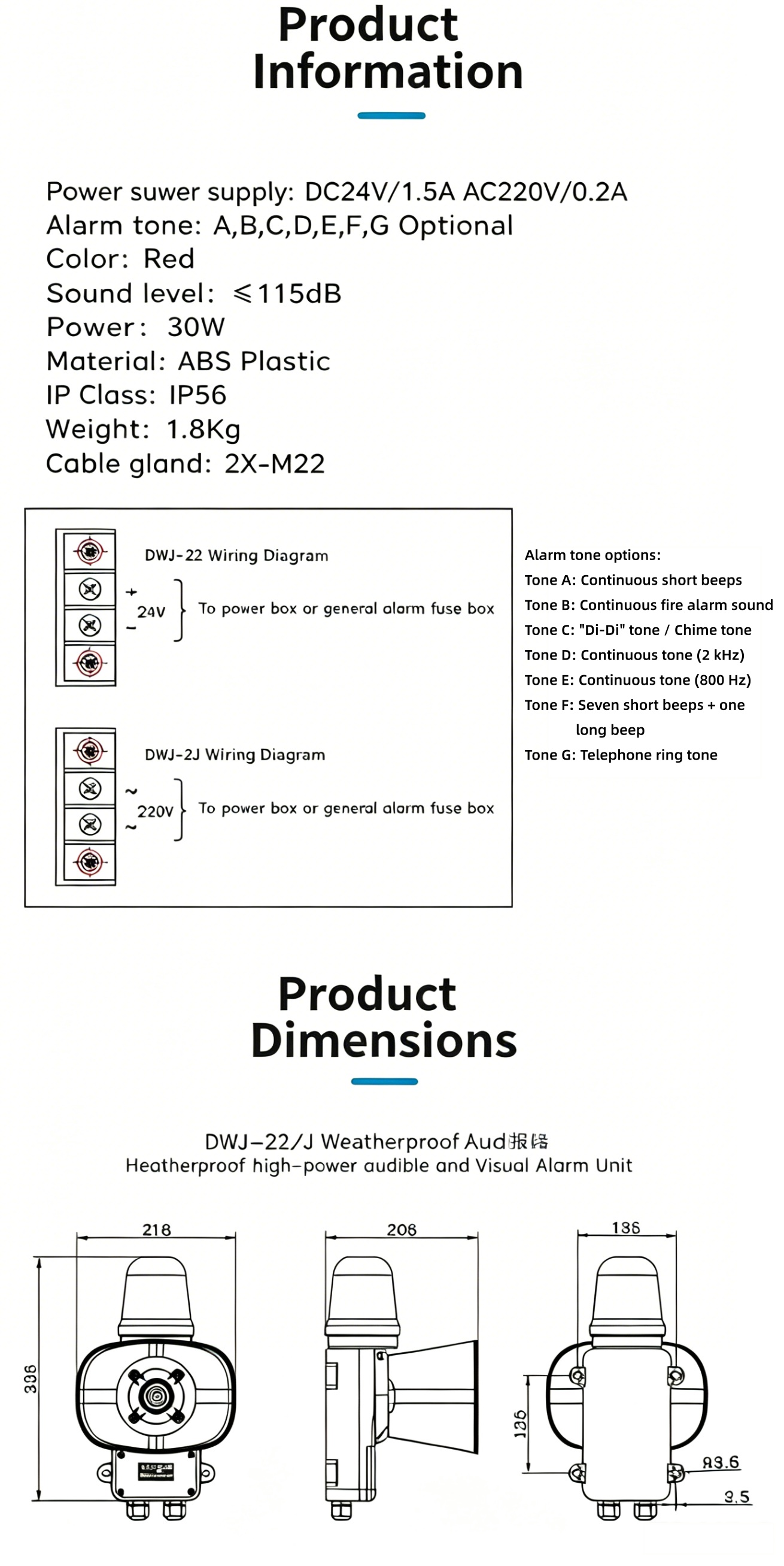 Marine Waterproof High-Power Audible and Visual DWJ-2Z/2J Red, 220V/24V