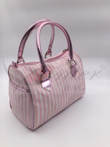 Round Type Design Travel Tote Bags For Women Pink Stripe Two Stylish PU Handle