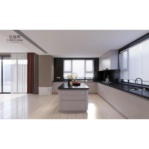 Elegant Grey Stainless Steel Kitchen Cabinet With Curved Island And Multiple Storage Solution