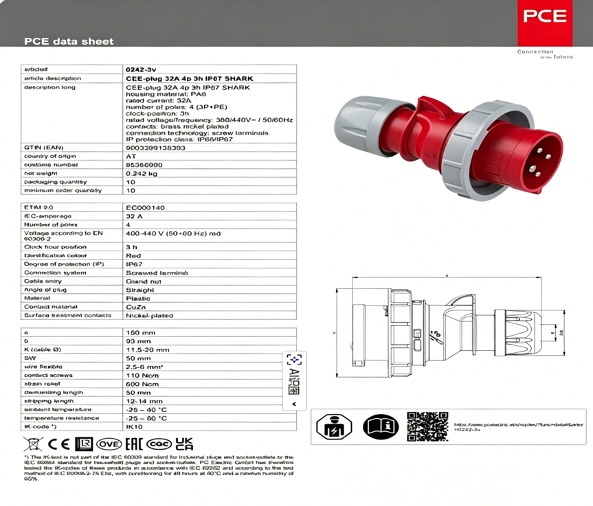 Original Brand New PCE Industrial Plastic Freezer and Refrigerated Container Power Plug and Socket 440V-32A-4 Pins-0242-3V