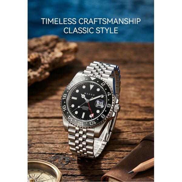 Vanguard Meridian GMT: 40mm Luxury Mechanical Steel Watch
