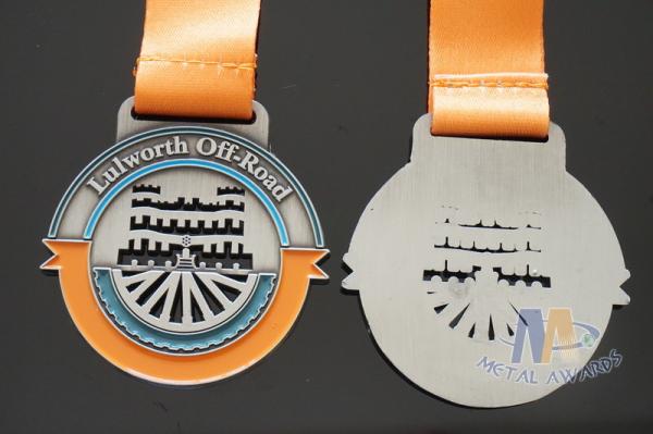 Cut Out And Color Filled Metal Award Medals Antique Plating Satin Ribbon