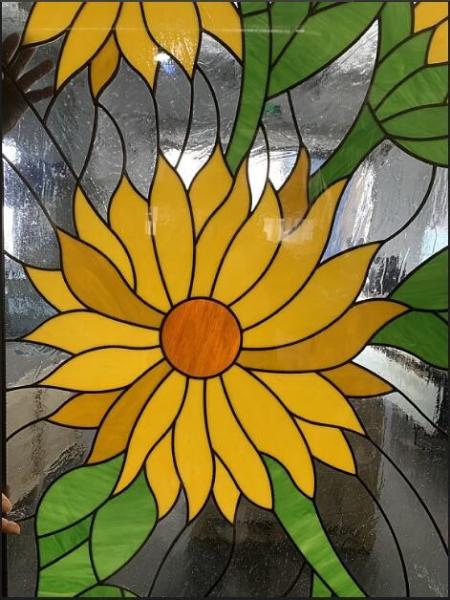 Customized Sunflower Design Entry Door Decorative Leaded Glass With Patina Caming