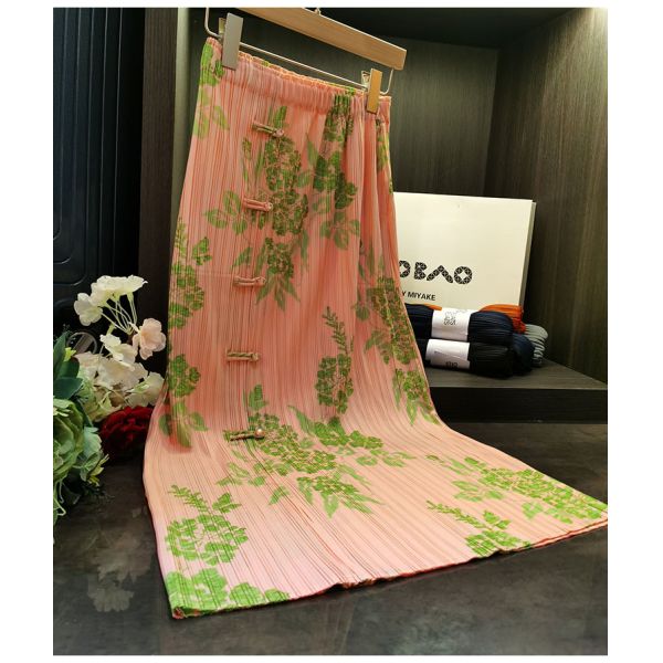 Original Design Pleated Chinese Style Disc Half Skirt 2024 Printed Pleated Skirt Wrap Slit Summer Skirt