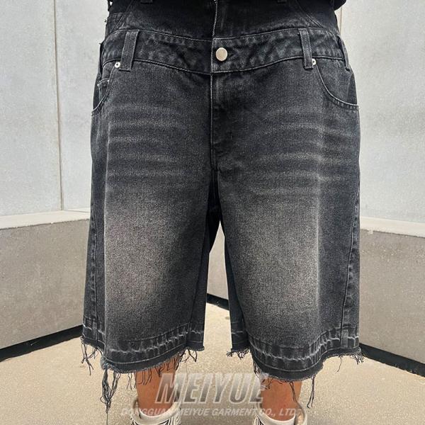 Custom Jogger Double Layer Embroidery Seven Point Logo Streetwear Distressed Black Acid Washed Denim Jeans Shorts for Men