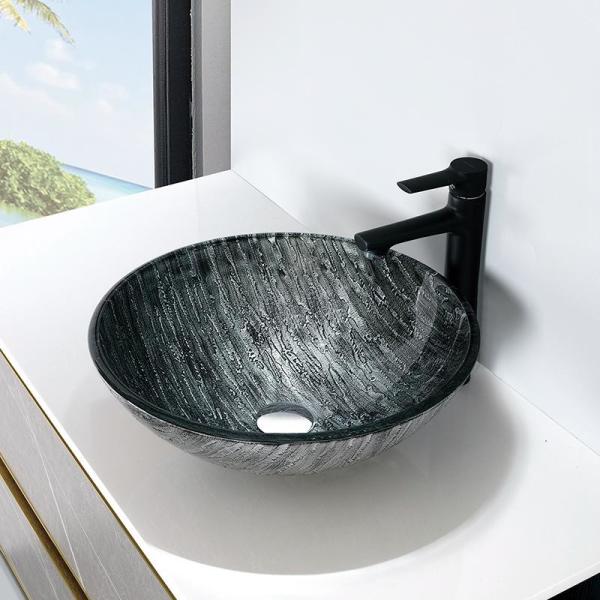 Engraving Round Table Top Wash Basin Black Bathroom Sink Hand Drawing
