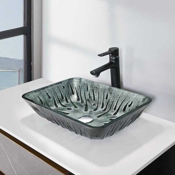 Gray Rectangular Vessel Sink Hot Melt Hand Drawing Tempered Glass Vanity Sink
