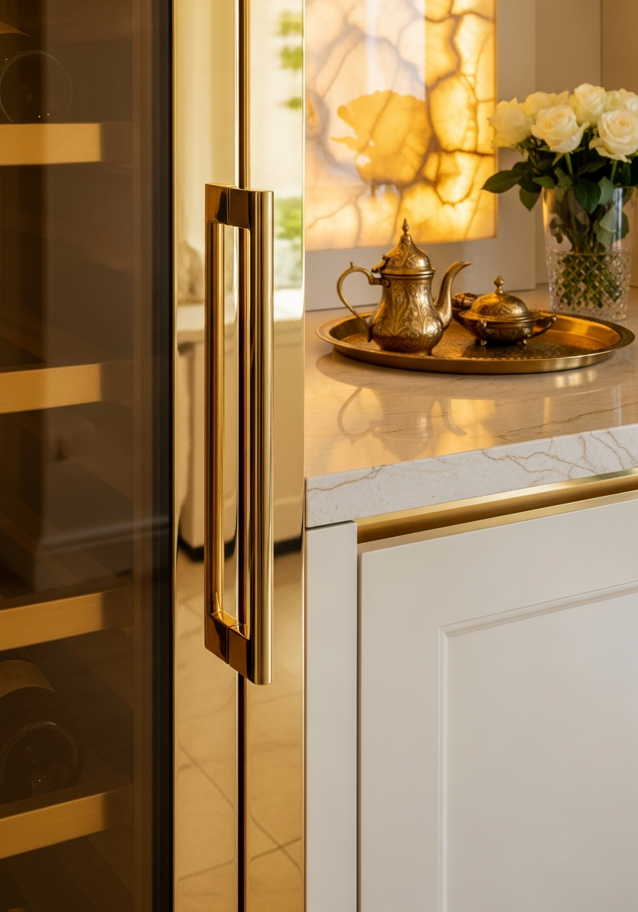 Golden Mirage Wine Vault in 304 Stainless Steel with Honey Onyx Accents
