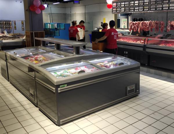 Congelador combinado da caixa do supermercado do armário da ilha com porta de vidro