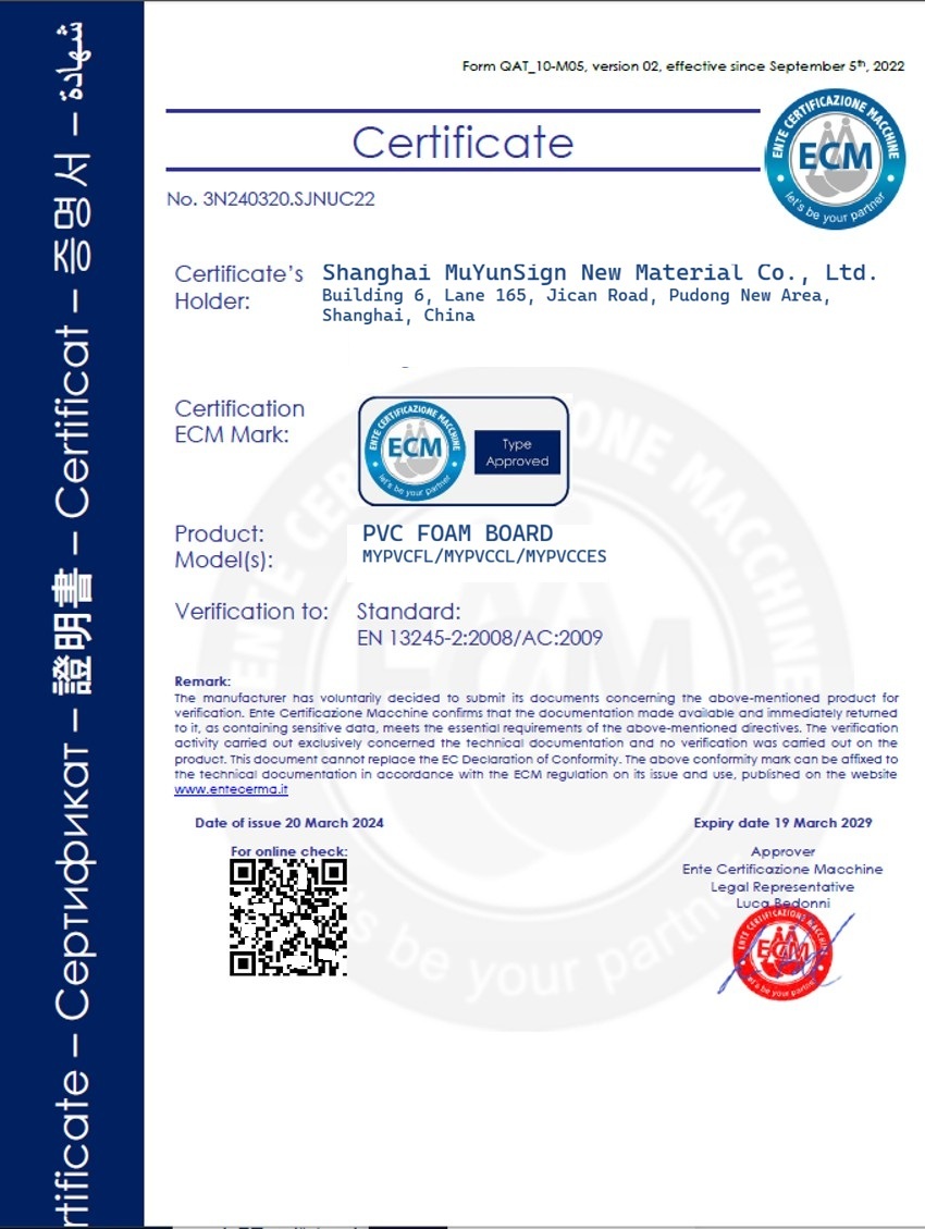 Shanghai MuYunSign New Material Co., Ltd. Certifications