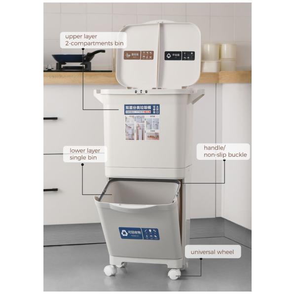 Home STANDING Double Layer Sorting Garbage Can 3 Compartments Trash Can Plastic Waste Bin With Single Lid