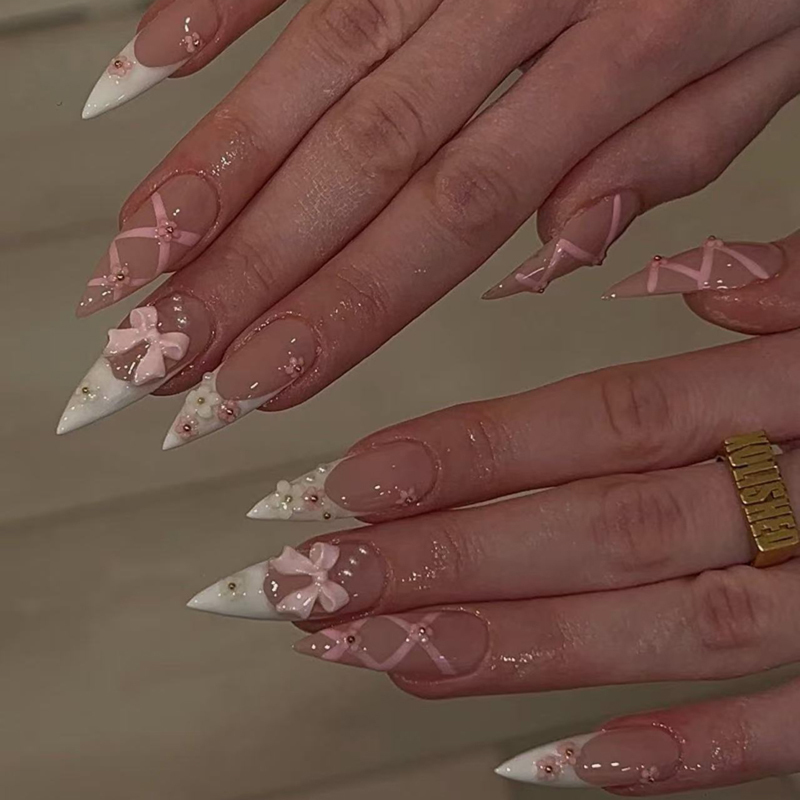 Pink Bow Long Stiletto French Tip Fake Nails 3D Design Flowers