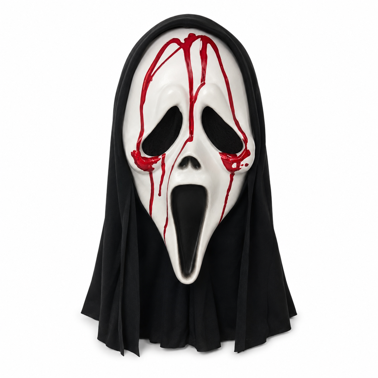 Bloody Latex Scream Mask with Black Hood, White Horror Ghost Face Mask, Scary Halloween Cosplay Party Face Cover for Masquerade, Haunted House, Festival Costume and Photo Video Props