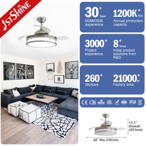 Retractable Blades LED Ceiling Fan 42 Inches in Satin Nickel for Home Hotel Office