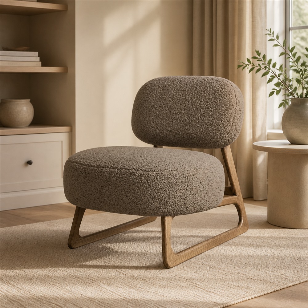 Mid-Century Brown Bouclé Armless Lounge Chair, Solid Wood  CYC-021-BRW