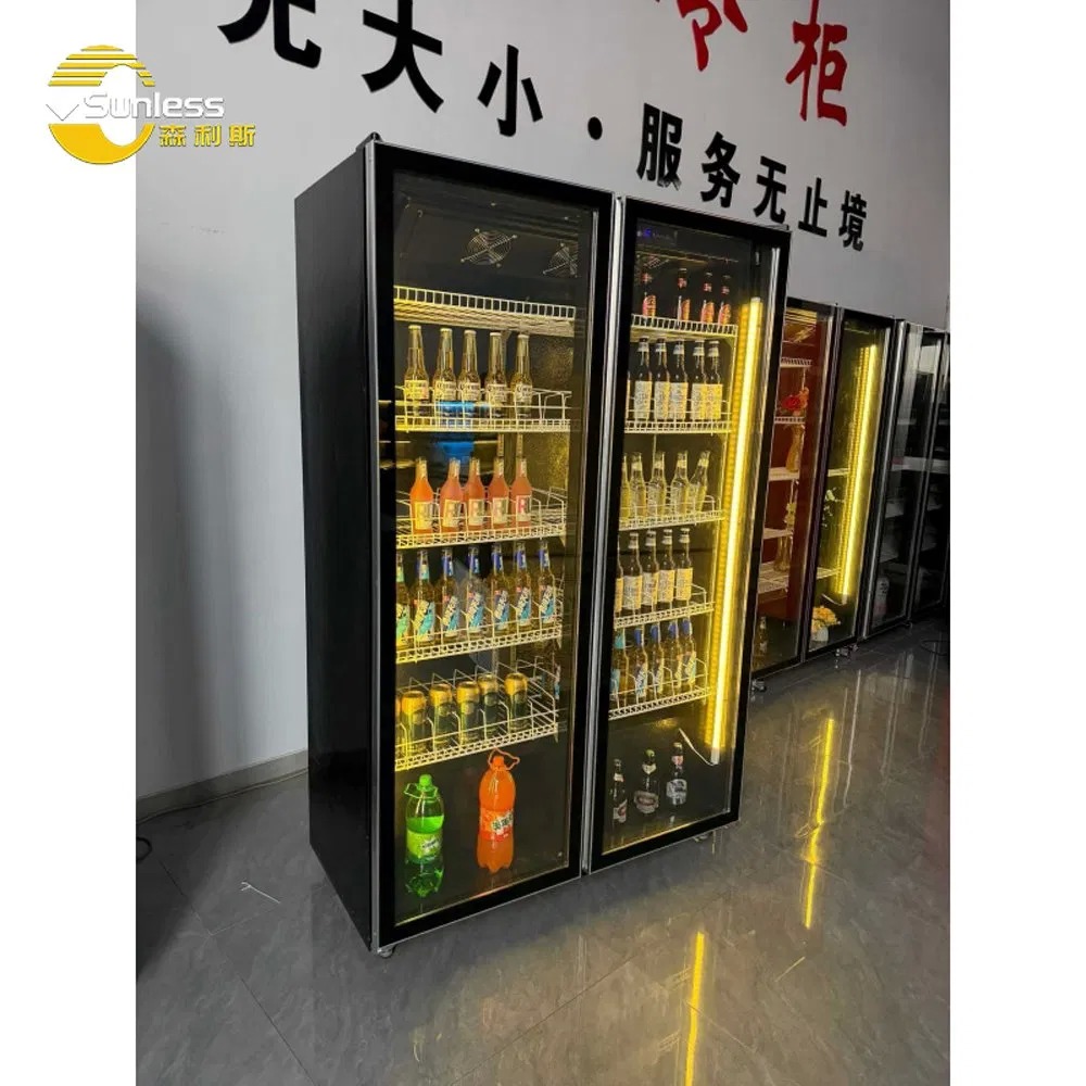 Commercial Double Door Refrigerator Beer Beverage Glass Upright Refrigerated Display Showcase