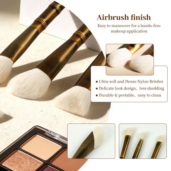 10Pcs Vintage Bamboo Bronze Makeup Brush Set with Electroplated Brushed Texture and Professional Configuration