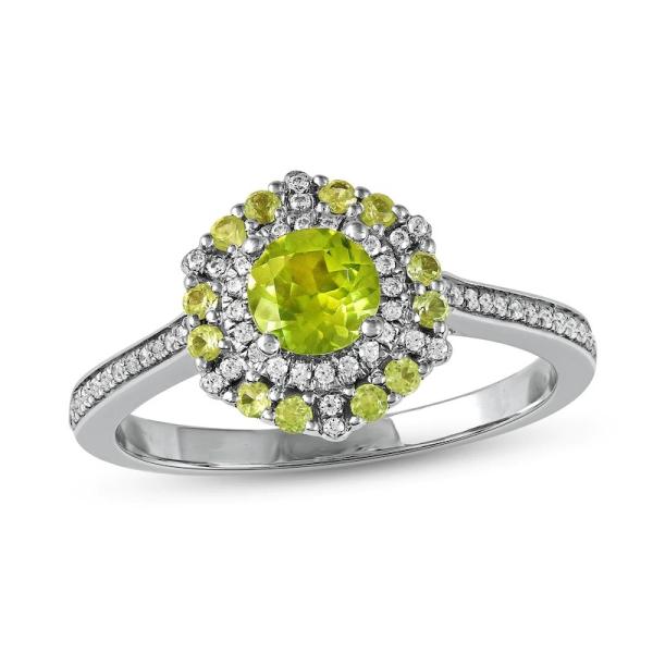 Green Peridot & CZ Ring 1/6 ct tw 10K White Gold In Silver