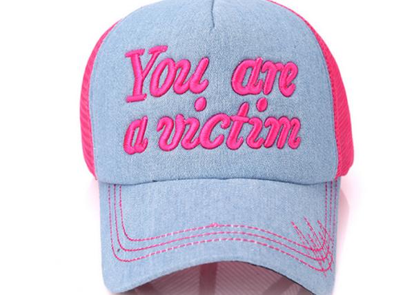 Women Rose Red Denim Ball Cap , Customized 3D Embroidery Jean Baseball Style Hats