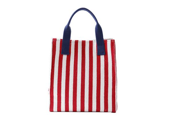 Reusable Lunch Cooler Bags Stripe Pattern With Pure Cotton Texture Handle
