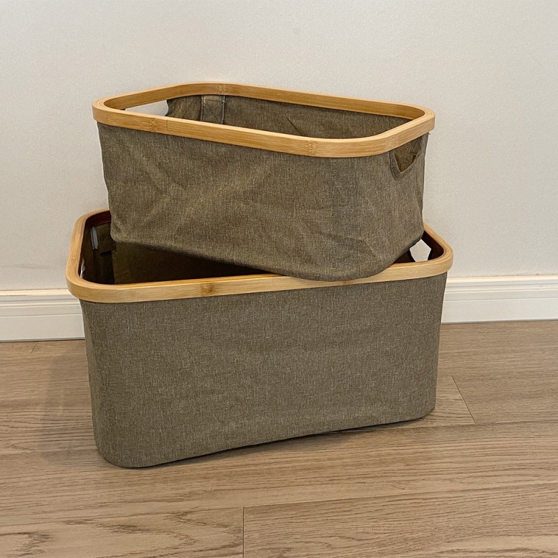Custom Large Capacity Rectangle Bamboo Storage Basket Oxford Cloth Toy Organizer Box for Bathroom Wardrobe Dirty Clothes Storage