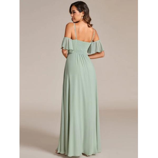 Empire A-line Ruffled Off-shoulder Spaghetti Strap Criss-cross Ruffles Sleeve Mint Green Chiffon Bridesmaid Dresses 