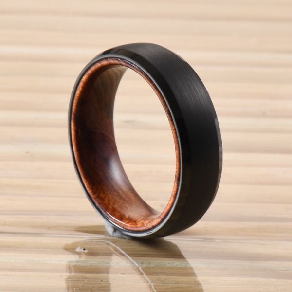 Tungsten Ring Men's Women's 6mm Silver or Black Plated Wedding Engagement Band Rose Wood Inside Beveled Edges Comfort Fit