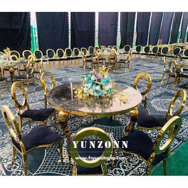 Luxury Modern Stainless Steel Dining Table with Glass Top for Outdoor Wedding Hotel Party Banquet Round Design