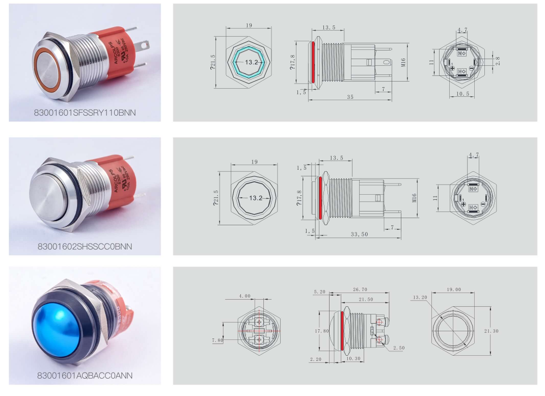 IP66 Illuminated Push Button Switch 16mm Metal Push Button Switch 1NO Ring