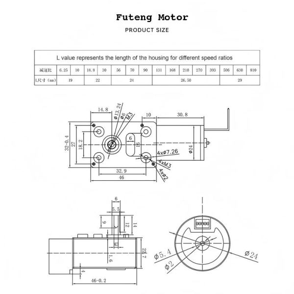 FT-46SGM2430 DC Brushless Worm Gear Motor Speed Adjustable Reversible Gear Motor