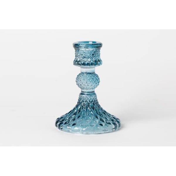 Blue Depression Tapered Color Glass Candle Holder Pressed Diamond Pattern