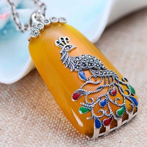 Retro Thailand Sterling Silver Synthesized Yellow Chalcedony Pendant Necklace(052775W)