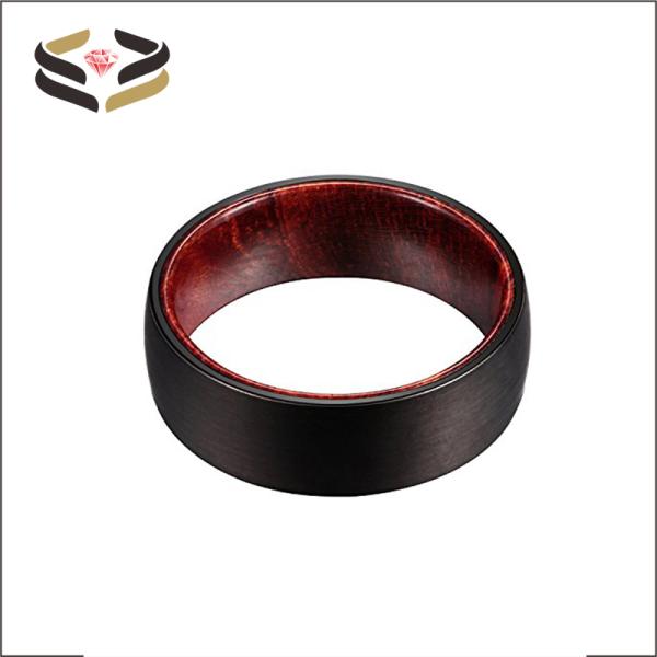 Anillo de Boda de Tungsteno Negro Brushed para Hombres de madera de rosa 8 mm con configuración invisible