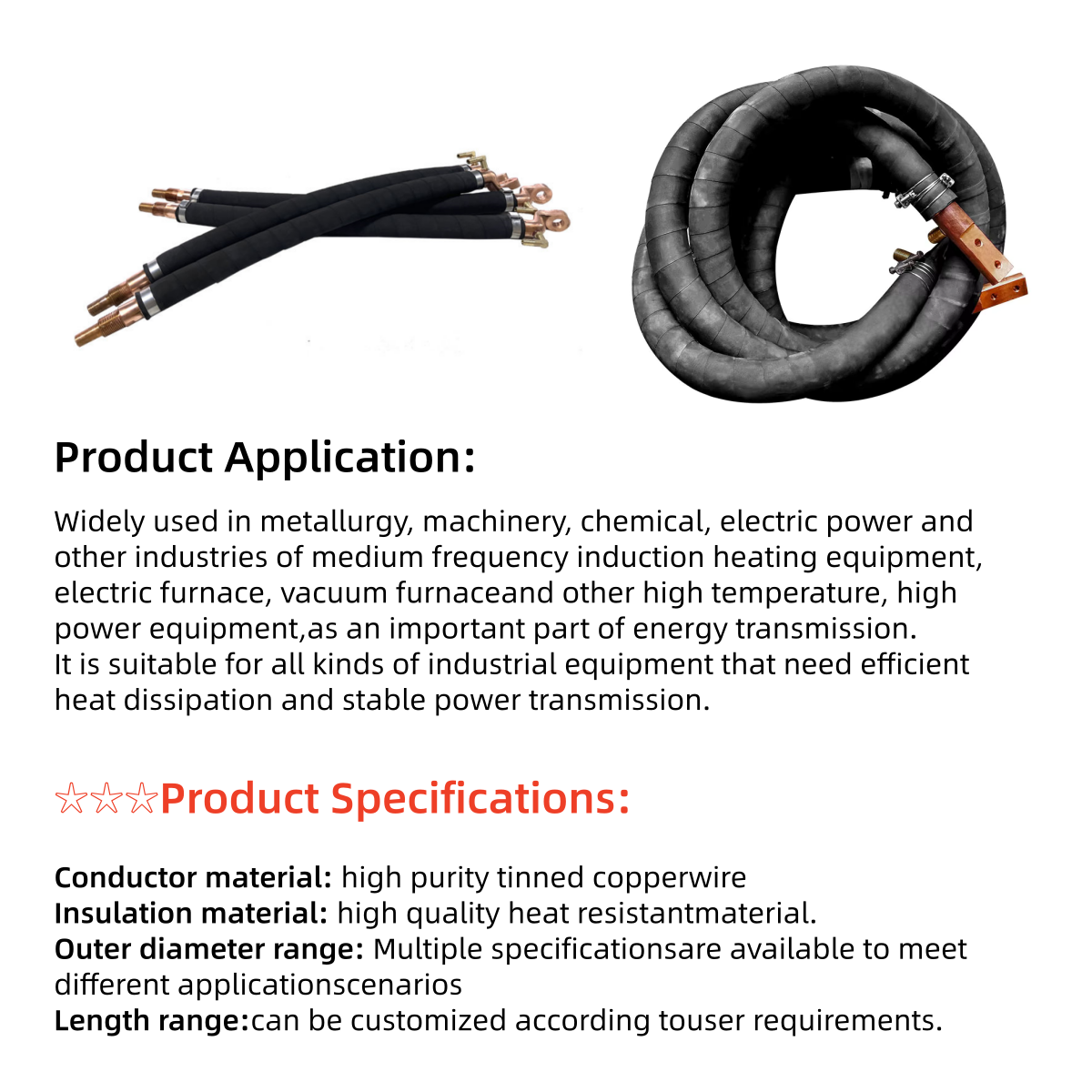 Cables refrigerados por agua Cables flexibles Cables térmicos para hornos de inducción Accesorios metalúrgicos