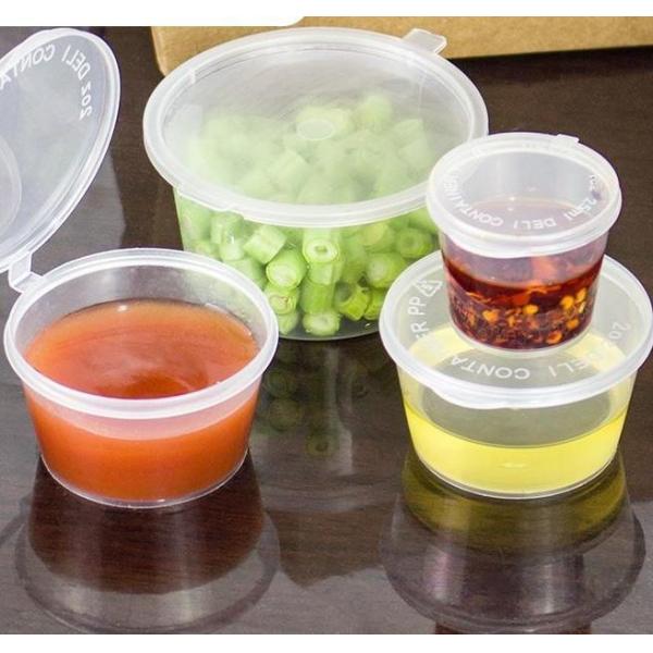 SGS Checked Competitive Disposable 1/1.5/2/3/4/5/6/8 Oz Food Grade Plastic Cup Sauce or Juice Separate PP Box with Lid