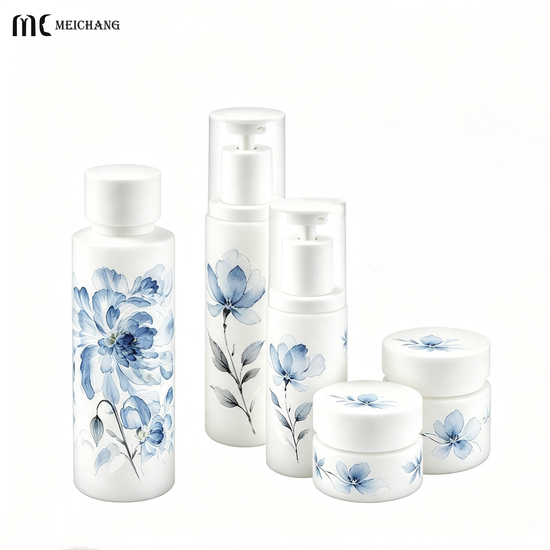 Blue & White Oriental Design Light-Blocking Glass Skincare Bottle with UV Protection Coating and Customizable Decoration