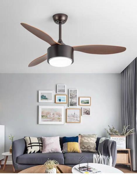 Ventilador de techo de madera sólida de estilo pop con motor de corriente continua y luz LED