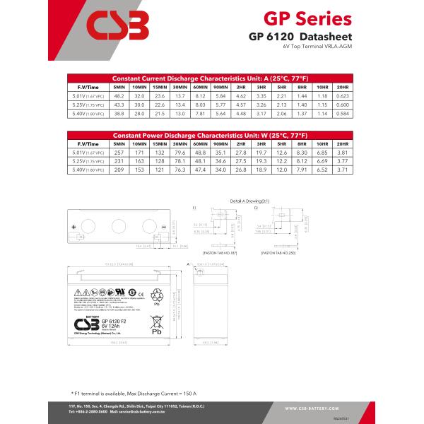 CSB GP6120 6V 12Ah Maintenance-Free Valve Regulated Lead Acid Battery
