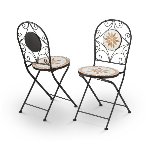 AJUNION 3 Piece Iron Mosaic Tile Patio Bistro Set with Ceramic Table and Folding Chairs