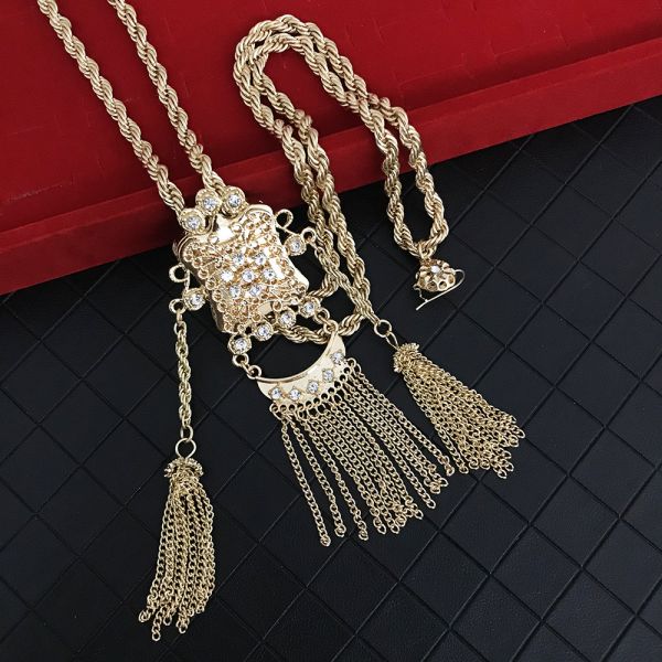Algeria Tassel Sweater Chain Women Bride Crystal Thick Chain Necklace Dubai Robe Gold Necklace Jewelry