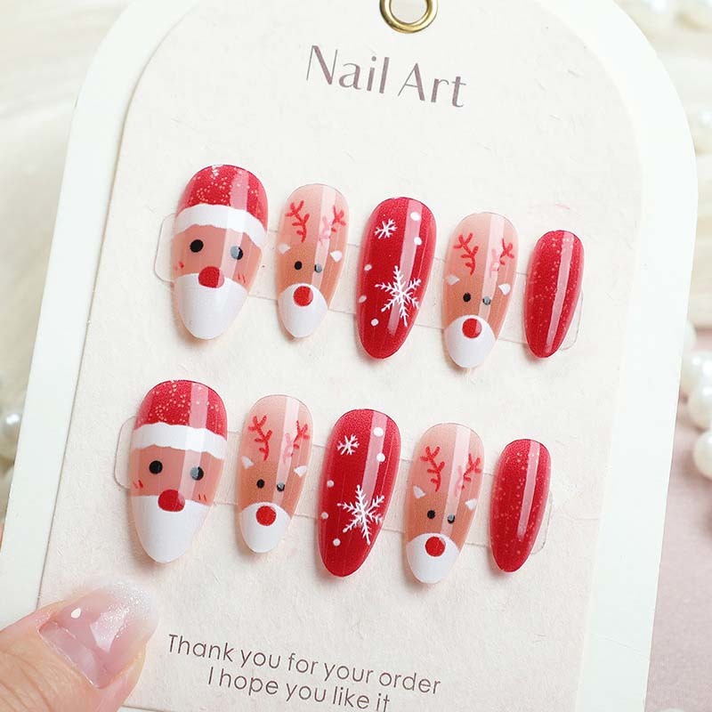 Glossy Medium Almond Christmas Holiday Fake Nails Quick Application