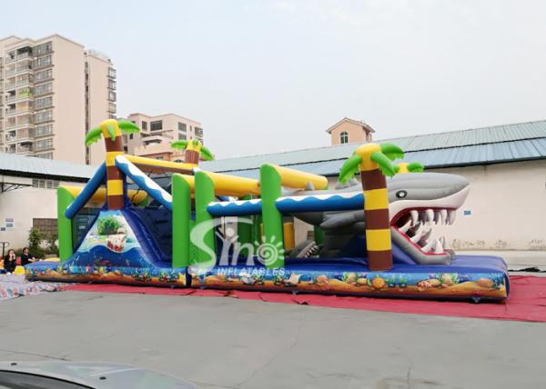 Outdoor Commercial Jungle Shark Inflatable Obstacle Course For Kids And Adults Fun