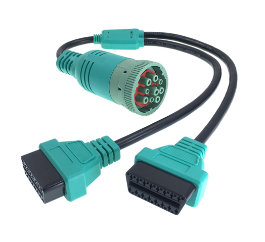 Custom Pinout 12V/24V Type 2 Green Deutsch 9pin J1939 to OBD2 Connector Splitter Y Cable Splitter