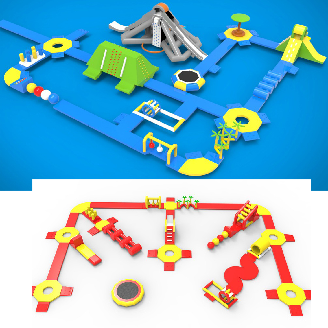 Modular Inflatable Water Park with Custom Floating Obstacle Course Slides Climbing Elements And Connected Play Platforms for Lake Resort Beach And Large Outdoor Aqua Recreation Projects