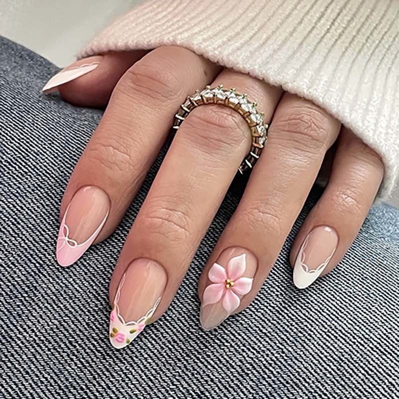 Almond 3D Press On Nails Nude Base White Line French Tip 3D Nails