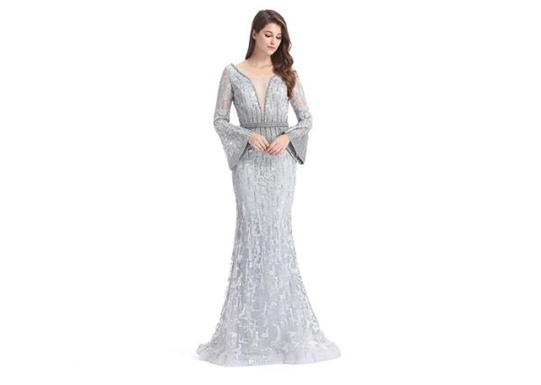 Mandarin Sleeve V Neck Sexy Long Sleeve Lace Formal Dress Floor Length