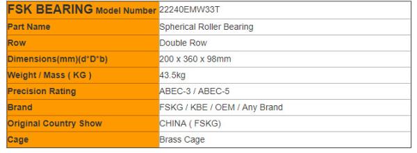 Double Row 22240EMW33 Spherical Roller Bearing With Oil Hole ID 200mm OD 360mm